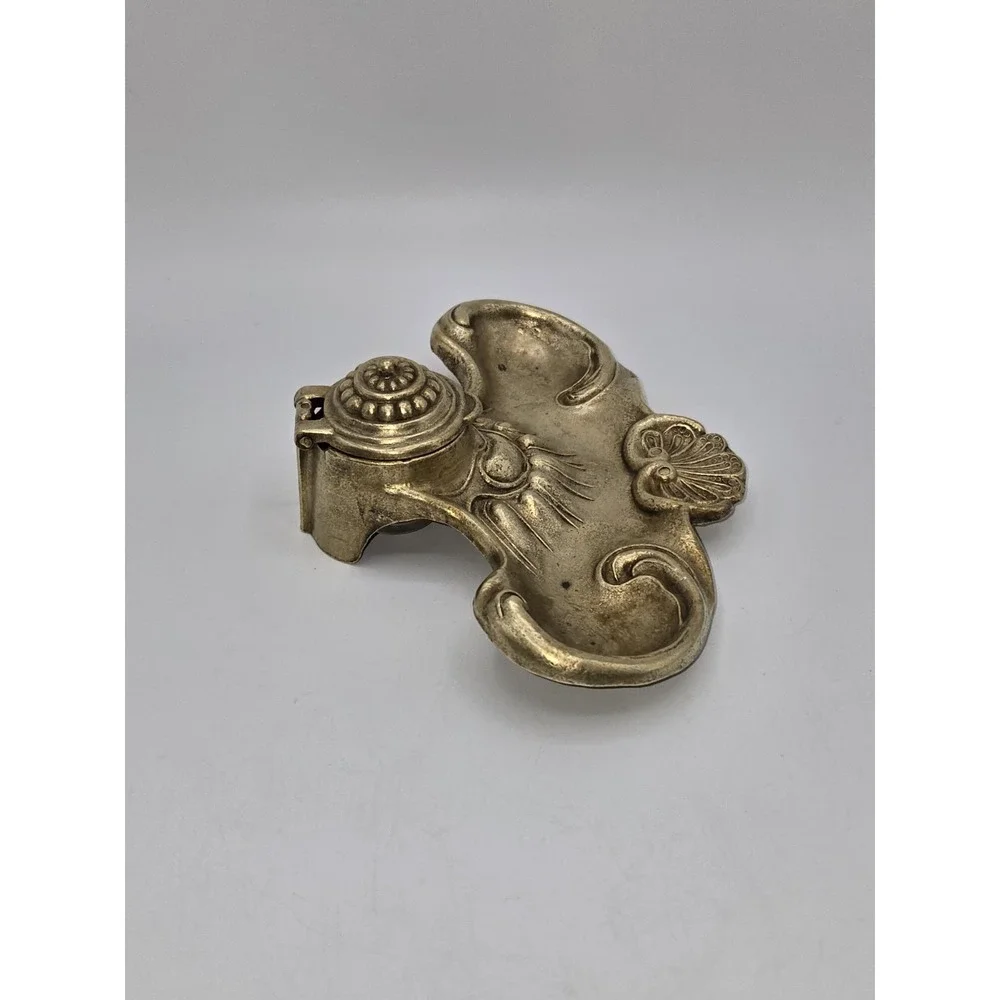 Rococo Revival Brass Inkwell Ornate Shell Scroll Hinged Lid
